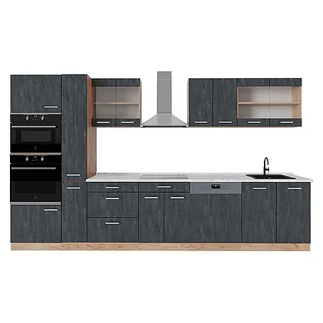 Vicco  Küchenzeile R-Line Schwarz Beton/Goldkraft Eiche, AP Marmor