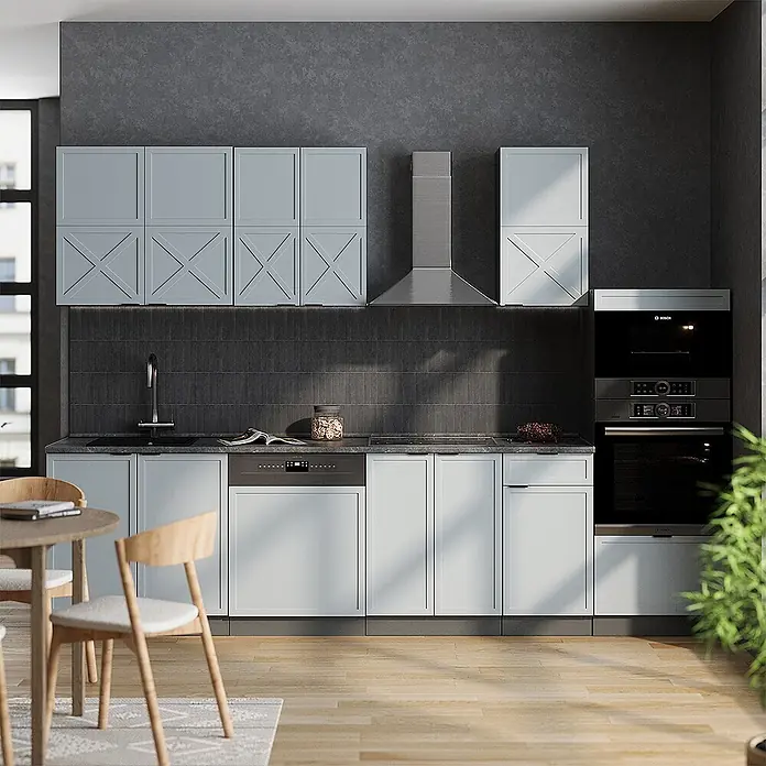 Vicco Küchenzeile Fame-Line Hellblau-grau/Anthrazit mit Hochschrank, AP Marmor - Breite: 300 cm, Hellblau-grau, Ohne Elektrogeräte - Moderne grau-blaue Küche mit dunklen Arbeitsplatten, dunklem Spritzschutz, Dunstabzugshaube und integrierten Geschirrspüler und Backöfen.