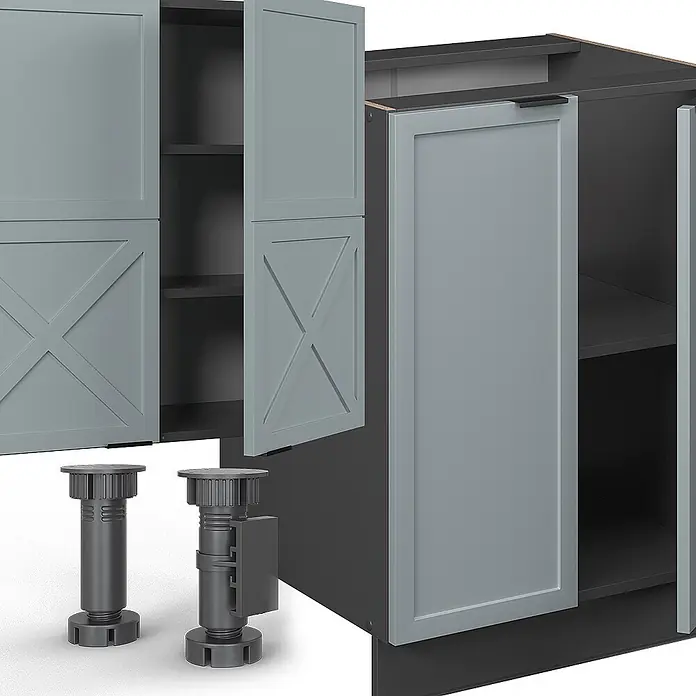 Vicco Küchenzeile Fame-Line Hellblau-grau/Anthrazit mit Hochschrank, AP Marmor - Breite: 300 cm, Hellblau-grau, Ohne Elektrogeräte - Graue Küchenschränke mit Shaker-Türen, teils mit X-Verzierung, und verstellbaren Füßen. Türen offen, zeigen Regale.