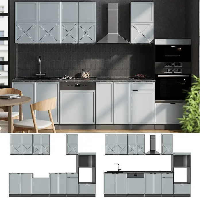 Vicco Küchenzeile Fame-Line Hellblau-grau/Anthrazit mit Hochschrank, AP Marmor - Breite: 300 cm, Hellblau-grau, Ohne Elektrogeräte - Helle, modulare Küchenschränke in Grau mit X-gemusterten und glatten Türen, integrierter Spüle, Geschirrspüler, Ofen und Herd.