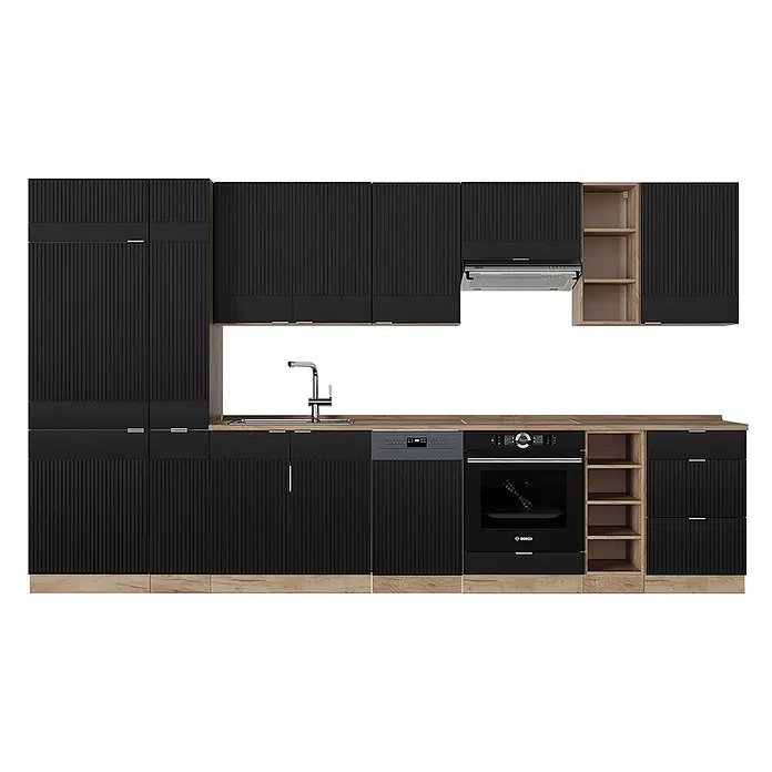 Vicco Küchenzeile Fame-Line Schwarz gestreift/Goldkraft Eiche, AP Eiche - Breite: 355 cm, Schwarz gestreift, Ohne Elektrogeräte - Schwarze moderne Küche mit strukturierten Schränken, hellen Holz-Arbeitsplatten, Spüle, Backofen und Geschirrspüler.