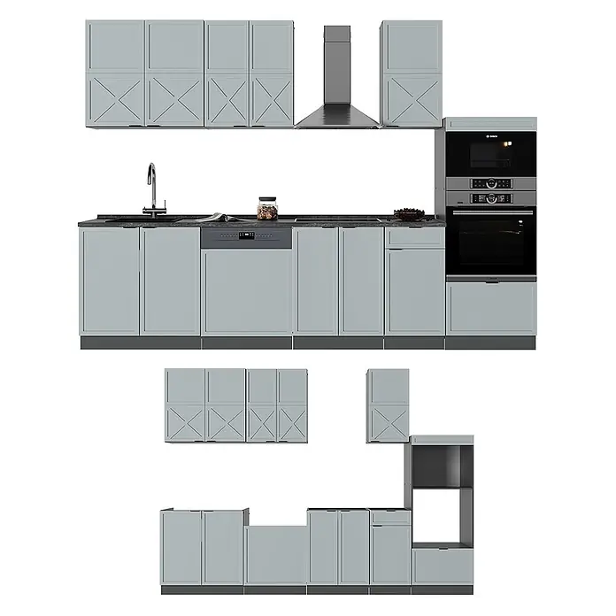 Vicco Küchenzeile Fame-Line Hellblau-grau/Anthrazit mit Hochschrank, AP Marmor - Breite: 300 cm, Hellblau-grau, Ohne Elektrogeräte - Hellblau-graue modulare Küche mit Shaker-Schränken, teils mit X-Streben, integrierten Geräten und dunkler Arbeitsplatte.
