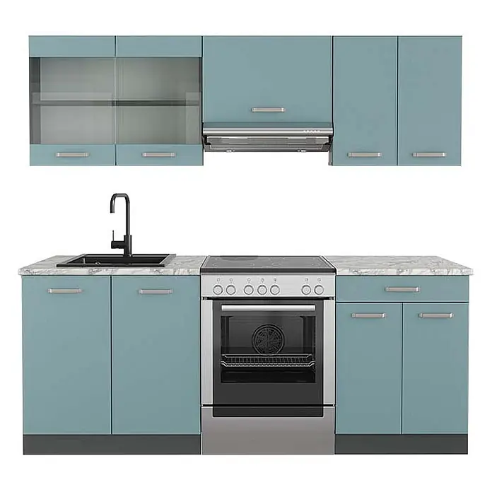 Vicco Küchenzeile R-Line Blau-Grau/Anthrazit, AP Marmor - Breite: 200 cm, Blau-Grau, Ohne Elektrogeräte - Komplettes Küchenset in Türkis mit Arbeitsplatte in Marmoroptik, integriertem Spülbecken und Edelstahlofen und Kochfeld.
