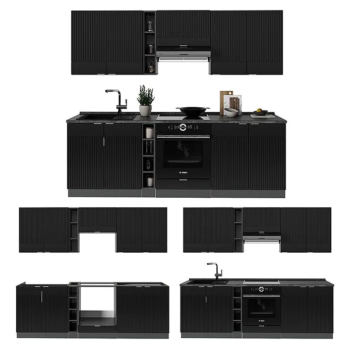 Vicco Küchenzeile Fame-Line Schwarz gestreift/Anthrazit, AP Anthrazit - Breite: 235 cm, Schwarz gestreift, Ohne Elektrogeräte - Schwarze, gerippte Modulküchenschränke mit integrierter Spüle, Ofen und Kochfeld, in verschiedenen Konfigurationen.