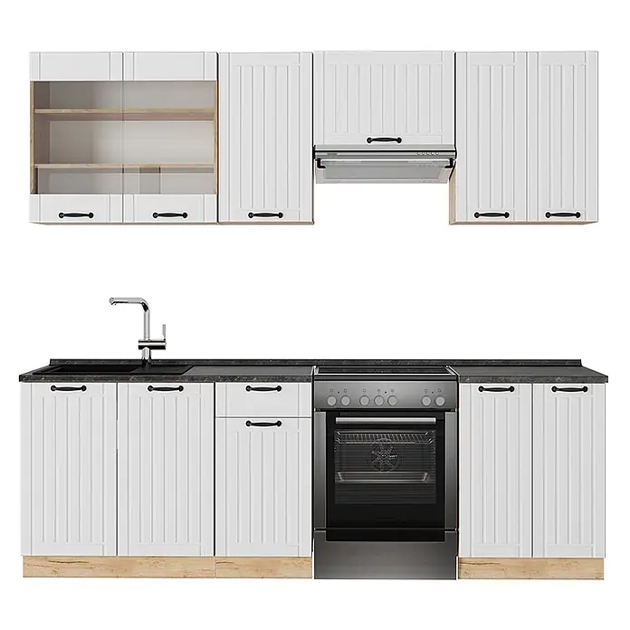 Vicco Küchenzeile Fame-Line Weiß Landhaus, AP Anthrazit - Weiß Landhaus, Ohne Elektrogeräte - Weiße Küchenzeile mit gerippten Schranktüren, schwarzen Griffen, dunklen Arbeitsplatten, Spüle, Backofen und Dunstabzugshaube. Mit Holzsockel.
