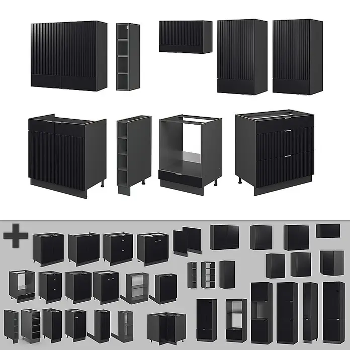 Vicco Küchenzeile Fame-Line Schwarz gestreift/Anthrazit, AP Anthrazit - Breite: 235 cm, Schwarz gestreift, Ohne Elektrogeräte - Modulares dunkelgraues Küchenschranksystem mit geriffelten Fronten, das verschiedene Konfigurationen von Unter-, Ober- und Hochschränken zeigt.