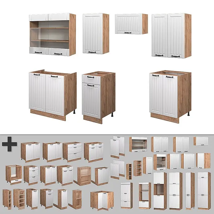 Vicco Küchenzeile Fame-Line Weiß Landhaus, AP Anthrazit - Weiß Landhaus, Ohne Elektrogeräte - Modulare Küchenschränke mit weißen Paneeltüren und Holzmaserung-Rahmen.