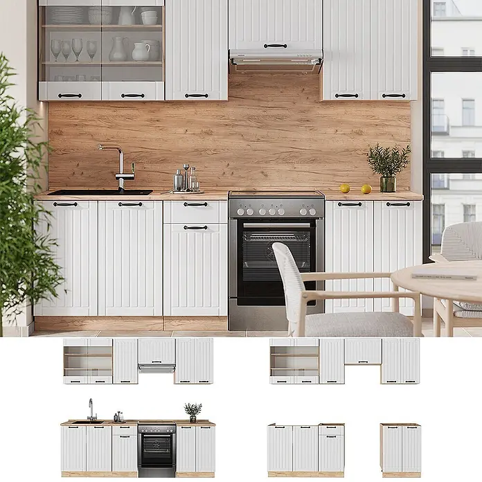 Vicco Küchenzeile Fame-Line Weiß Landhaus, AP Anthrazit - Weiß Landhaus, Ohne Elektrogeräte - Weiße Küchenschränke mit Holzdetails und schwarzen Griffen, in verschiedenen modularen Anordnungen gezeigt.