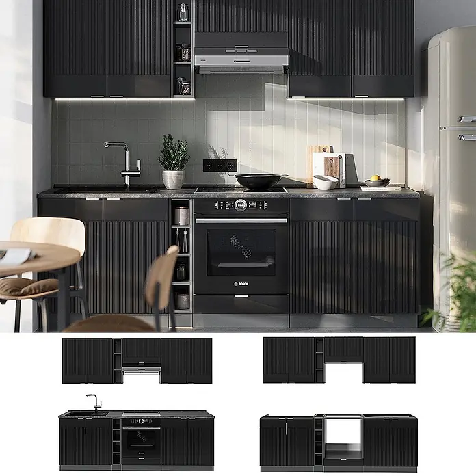 Vicco Küchenzeile Fame-Line Schwarz gestreift/Anthrazit, AP Anthrazit - Breite: 235 cm, Schwarz gestreift, Ohne Elektrogeräte - Moderne schwarze Küchenzeile mit vertikalen Lamellenfronten, dunkler Arbeitsplatte, integriertem Backofen, Kochfeld und Spüle, in einer funktionalen Küche.