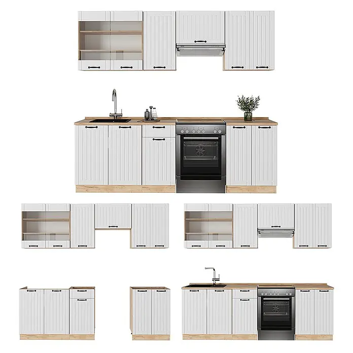 Vicco Küchenzeile Fame-Line Weiß Landhaus, AP Anthrazit - Weiß Landhaus, Ohne Elektrogeräte - Modulare weiße Küchenschrank-Garnitur mit hellen Holz-Arbeitsplatten und Sockelleisten, inklusive Spüle, Backofen und Dunstabzugshaube.