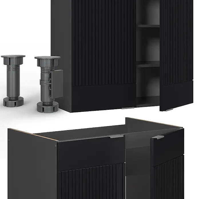 Vicco Küchenzeile Fame-Line Schwarz gestreift/Anthrazit, AP Anthrazit - Breite: 235 cm, Schwarz gestreift, Ohne Elektrogeräte - Schwarze modulare Möbelkomponenten mit geriffelten Fronten und verstellbaren Füßen.