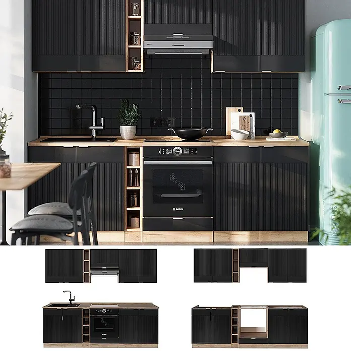 Vicco Küchenzeile Fame-Line Schwarz gestreift/Goldkraft Eiche, AP Anthrazit - Breite: 235 cm, Schwarz gestreift, Ohne Elektrogeräte - Moderne schwarze Küche mit gerillten Fronten, hellen Holz-Arbeitsplatten und integrierten Geräten. Mit offenen Regalen.