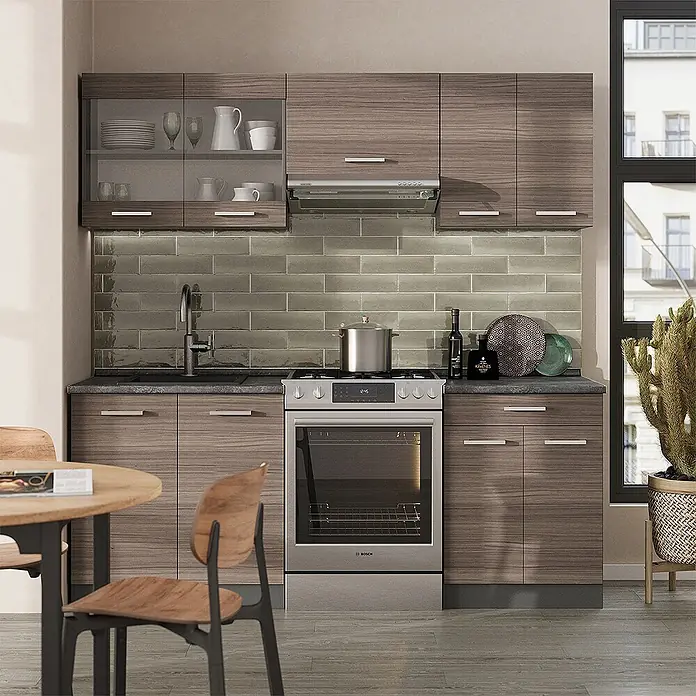 Vicco Küchenzeile R-Line Edelgrau/Anthrazit ohne Arbeitsplatte - Breite: 200 cm, Edelgrau, Ohne Elektrogeräte - Moderne Küche mit Holzmaserungsschränken und Hängeschränken mit Glasfronten, integrierter Spüle und Edelstahlgeräten.