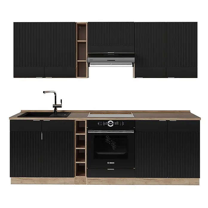 Vicco Küchenzeile Fame-Line Schwarz gestreift/Goldkraft Eiche ohne Arbeitsplatte - Breite: 235 cm, Schwarz gestreift, Ohne Elektrogeräte - Moderne schwarze geriffelte Küchenzeile mit heller Holzoptik, integrierter Spüle, Kochfeld, Backofen und Dunstabzugshaube.