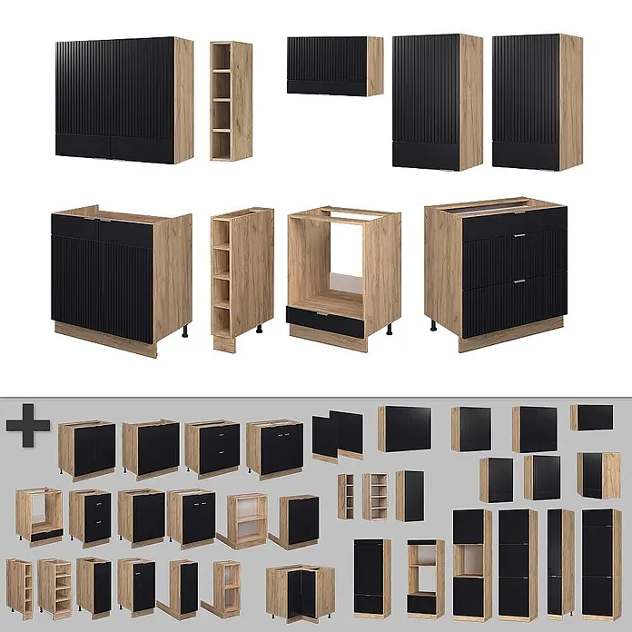 Vicco Küchenzeile Fame-Line Schwarz gestreift/Goldkraft Eiche, AP Anthrazit - Breite: 235 cm, Schwarz gestreift, Ohne Elektrogeräte - Modulare Küchenschrank-Kollektion mit hellen Holzrahmen und schwarzen geriffelten Fronten, darunter Ober-, Unter- und Hochschränke.