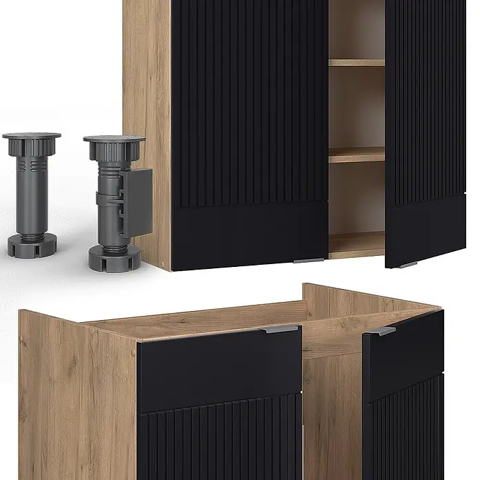 Vicco Küchenzeile Fame-Line Schwarz gestreift/Goldkraft Eiche, AP Anthrazit - Breite: 235 cm, Schwarz gestreift, Ohne Elektrogeräte - Modulare Schranksysteme: Korpus in Holzoptik, schwarze gerippte Türen/Schubladen, verstellbare graue Möbelfüße.