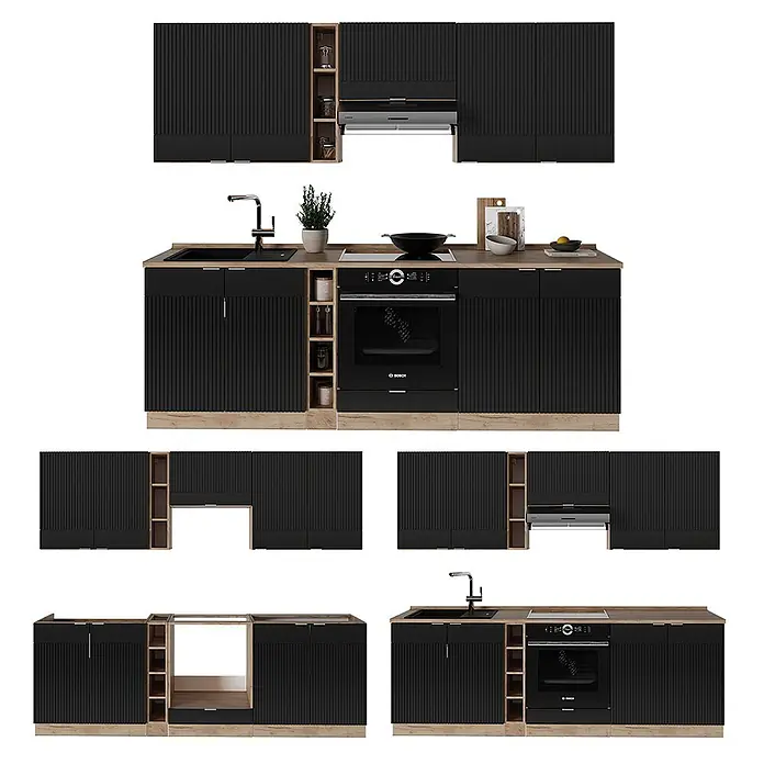 Vicco Küchenzeile Fame-Line Schwarz gestreift/Goldkraft Eiche, AP Anthrazit - Breite: 235 cm, Schwarz gestreift, Ohne Elektrogeräte - Schwarze geriffelte Modulküche mit Holzoptik-Sockel und Arbeitsplatten, inklusive Backofen, Kochfeld und Spüle.