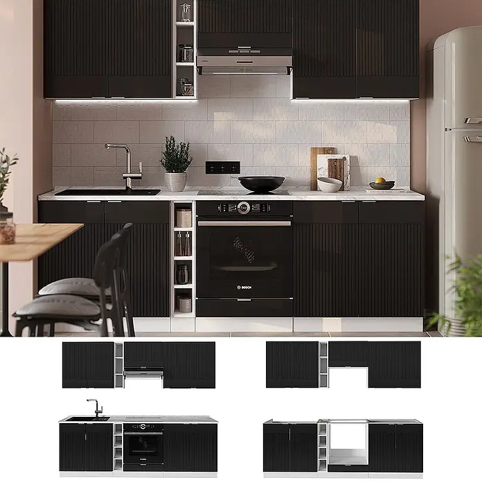 Vicco Küchenzeile Fame-Line Schwarz gestreift/Weiß, AP Anthrazit - Breite: 235 cm, Schwarz gestreift, Ohne Elektrogeräte - Schwarze geriffelte Küchenschränke mit weißer Arbeitsplatte, integrierter Spüle, Backofen und Kochfeld.