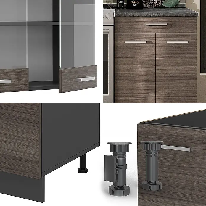 Vicco Küchenzeile R-Line Edelgrau/Anthrazit ohne Arbeitsplatte - Breite: 200 cm, Edelgrau, Ohne Elektrogeräte - Dunkle Holzmaserung Küchenschränke mit silbernen Griffen, grauem Interieur und verstellbaren Füßen. Details zur Konstruktion.