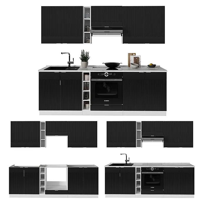 Vicco Küchenzeile Fame-Line Schwarz gestreift/Weiß, AP Anthrazit - Breite: 235 cm, Schwarz gestreift, Ohne Elektrogeräte - Moderne schwarze gerillte Küchenschrank-Set mit weißem Sockel, heller Arbeitsplatte, Spüle, Ofen und Kochfeld.