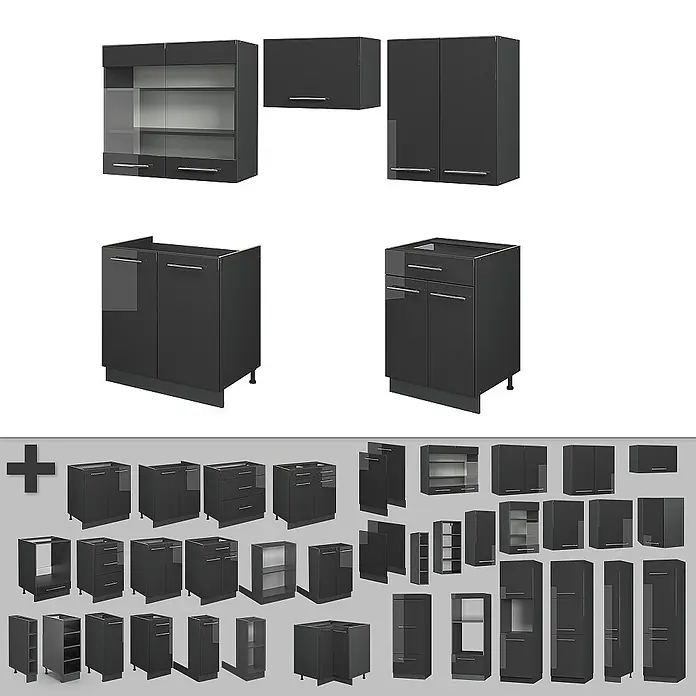 Vicco Küchenzeile Fame-Line Anthrazit Hochglanz, AP Anthrazit - Anthrazit Hochglanz, Ohne Elektrogeräte - Modulares Set dunkelgrauer Hochglanz-Küchenschränke, Ober-, Unter- und Hochschränke, teils mit Glastüren.