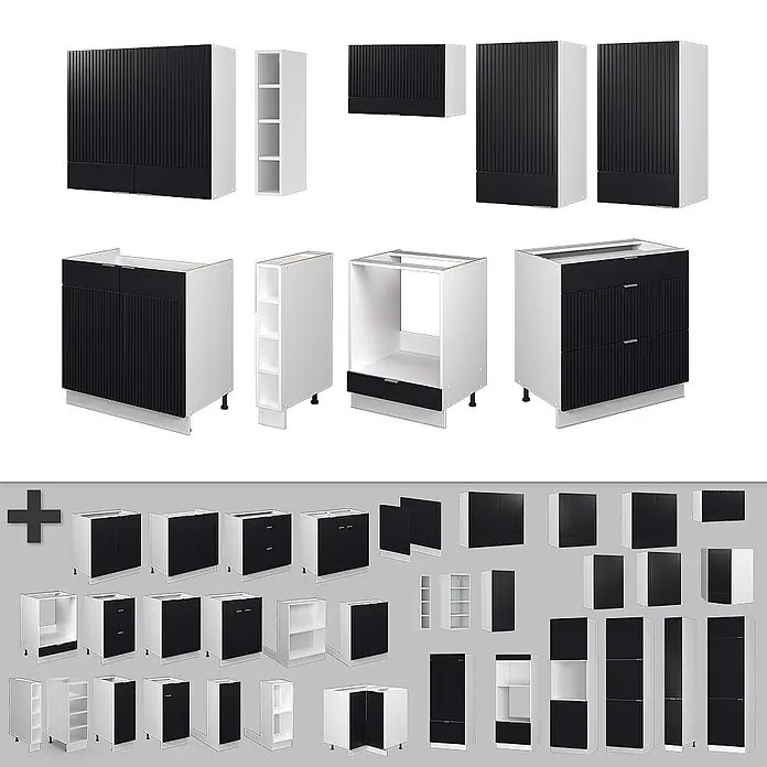 Vicco Küchenzeile Fame-Line Schwarz gestreift/Weiß, AP Anthrazit - Breite: 235 cm, Schwarz gestreift, Ohne Elektrogeräte - Satz weiß-schwarzer gerippter Küchenschränke und -module in verschiedenen Konfigurationen.
