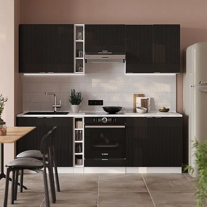 Vicco Küchenzeile Fame-Line Schwarz gestreift/Weiß, AP Anthrazit - Breite: 235 cm, Schwarz gestreift, Ohne Elektrogeräte - Moderne dunkelbraun/schwarze Küchenschränke mit gerilltem Design, weißen Arbeitsplatten, integrierter Spüle und Backofen.