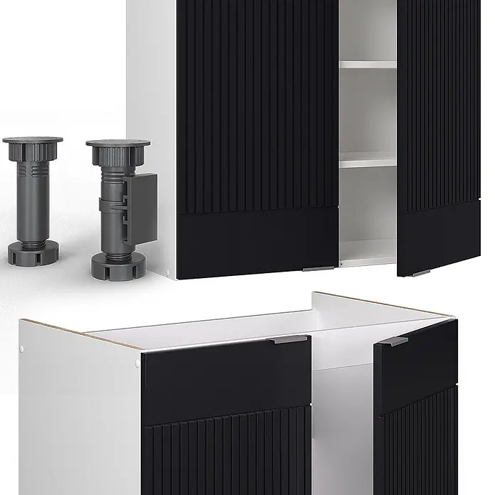 Vicco Küchenzeile Fame-Line Schwarz gestreift/Weiß, AP Anthrazit - Breite: 235 cm, Schwarz gestreift, Ohne Elektrogeräte - Komponenten eines modularen Schranksystems in Schwarz geriffelt mit weißem Innenraum, inklusive verstellbarer grauer Füße.