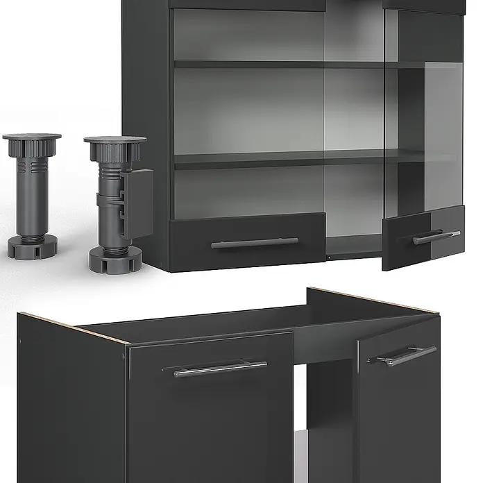 Vicco Küchenzeile Fame-Line Anthrazit Hochglanz, AP Anthrazit - Anthrazit Hochglanz, Ohne Elektrogeräte - Modulares dunkelgraues Schrankelement mit Glas- und Massivtüren/Schubladen und verstellbaren Möbelfüßen.