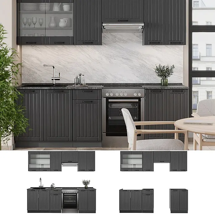 Vicco Küchenzeile Fame-Line Dunkelgrau, AP Eiche - Dunkelgrau, Ohne Elektrogeräte - Dunkelgraue Rillenküchenschränke mit Spüle, Backofen und Glasoberschränken in einer modernen Küchenumgebung.