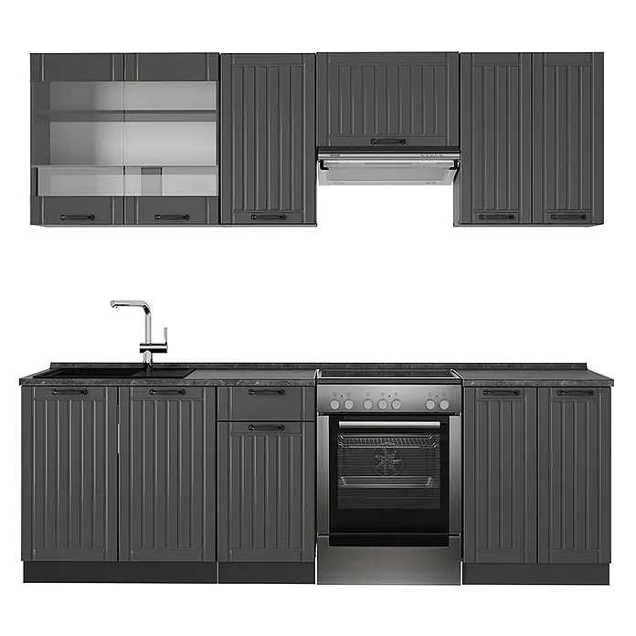 Vicco Küchenzeile Fame-Line Dunkelgrau, AP Anthrazit - Dunkelgrau, Ohne Elektrogeräte - Dunkelgraue modulare Küchenzeile mit integrierter Spüle, Backofen, Kochfeld und Dunstabzugshaube. Mit massiven und verglasten Oberschränken.