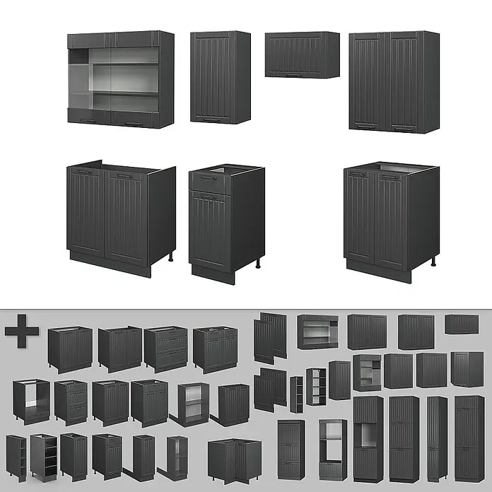 Vicco Küchenzeile Fame-Line Dunkelgrau, AP Eiche - Dunkelgrau, Ohne Elektrogeräte - Dunkelgraue Küchenschränke, darunter Hänge- (teilweise mit Glas), Unterschränke und Hochschränke, in Paneel-Design.