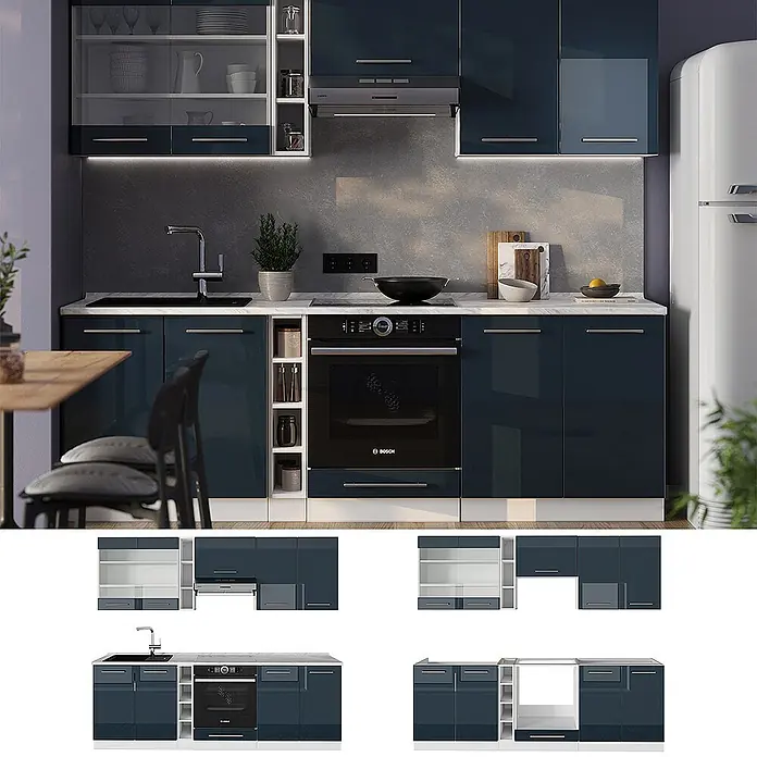 Vicco Küchenzeile Fame-Line Dunkelblau Hochglanz/Weiß, AP Eiche - Breite: 235 cm, Dunkelblau Hochglanz, Ohne Elektrogeräte - Moderne dunkelblaue Hochglanzküche mit weißen Arbeitsplatten, integriertem Backofen und Spüle. Inklusive Wand- und Unterschränken.