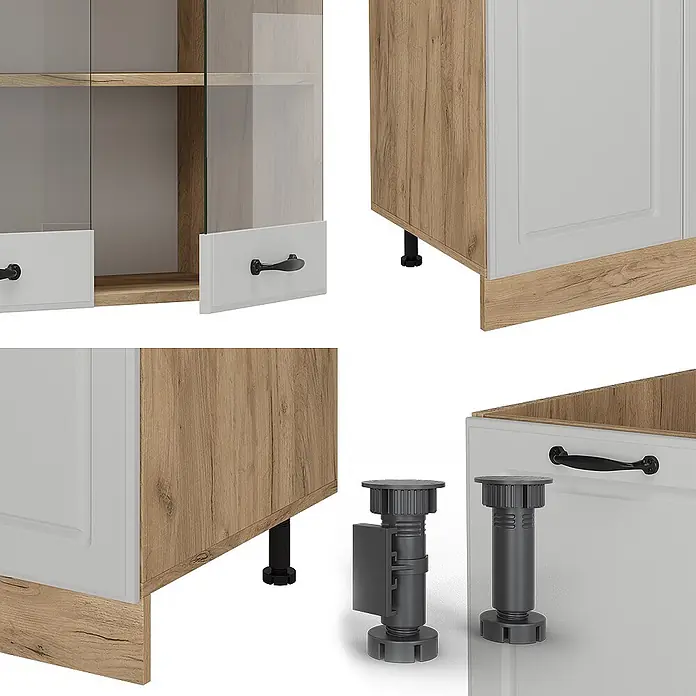 Vicco Küchenzeile R-Line Weiß Landhaus/Goldkraft Eiche mit Hochschrank, AP Anthrazit - Weiß Landhaus, Ohne Elektrogeräte - Modulare Küchenschränke aus hellem Holz und Weiß, mit verstellbaren Füßen, Glastüren und schwarzen Griffen.