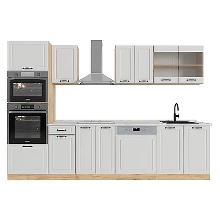 Vicco  Küchenzeile R-Line Weiß Landhaus/Goldkraft Eiche mit Hochschrank, AP Marmor