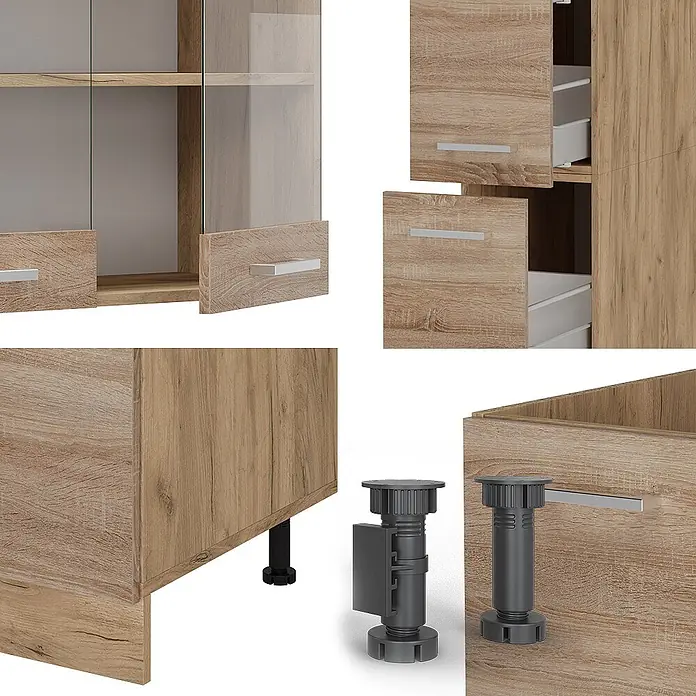 Vicco Küchenzeile R-Line Sonoma/Goldkraft Eiche ohne Arbeitsplatte - Sonoma, Ohne Elektrogeräte - Modulares Schrankelement in heller Holzoptik mit Glastüren, Schubladen und verstellbaren schwarzen/grauen Kunststofffüßen.