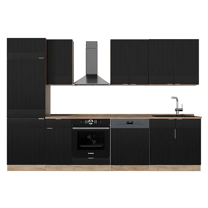 Vicco Küchenzeile Fame-Line Schwarz gestreift/Goldkraft Eiche, AP Eiche - Breite: 300 cm, Schwarz gestreift, Ohne Elektrogeräte - Moderne schwarze Küche mit texturierten Schränken, Holzoptik-Arbeitsplatte. Mit Backofen, Geschirrspüler, Dunstabzug und Spüle.