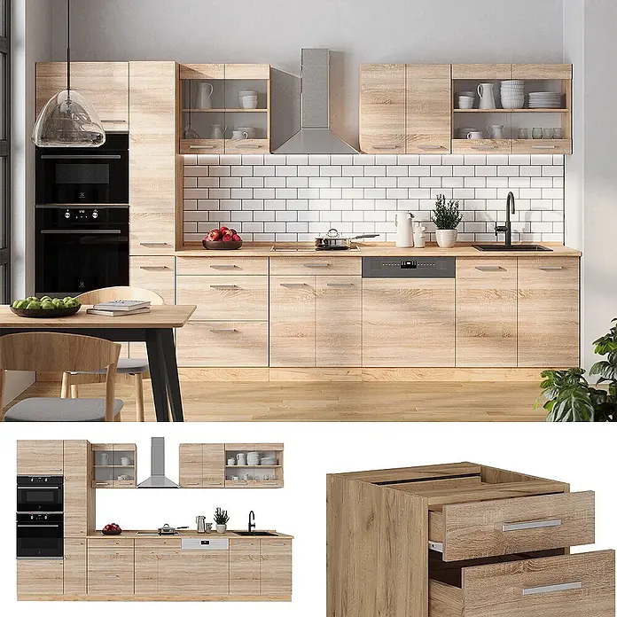 Vicco Küchenzeile R-Line Sonoma/Goldkraft Eiche ohne Arbeitsplatte - Sonoma, Ohne Elektrogeräte - Moderne Küchenmöbel-Set in heller Holzoptik, inklusive Schränken, Schubladen und integrierten Geräten.