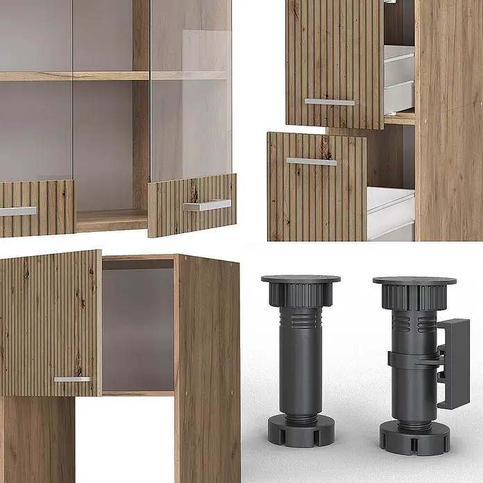 Vicco Küchenzeile R-Line Artisan-Eiche/Goldkraft Eiche mit Hochschrank, AP Anthrazit - Breite: 350 cm, Artisan-Eiche, Ohne Elektrogeräte - Modulares helles Holzschrankelement mit geriffelten Paneelen, Glastüren und dunkelgrauen verstellbaren Möbelfüßen.