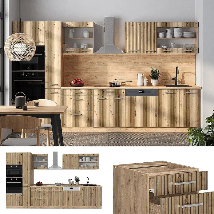 Vicco Küchenzeile R-Line Artisan-Eiche/Goldkraft Eiche mit Hochschrank, AP Anthrazit - Breite: 350 cm, Artisan-Eiche, Ohne Elektrogeräte - Moderne helle Holzküche mit vertikal geriffelten Schranktüren, integrierten Geräten und Arbeitsplatte aus Holz.