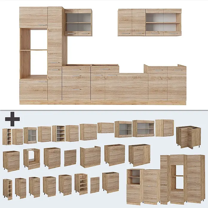 Vicco Küchenzeile R-Line Sonoma/Goldkraft Eiche ohne Arbeitsplatte - Sonoma, Ohne Elektrogeräte - Modulare Küchenschränke aus hellem Holz mit Türen, Schubladen und Regalen.