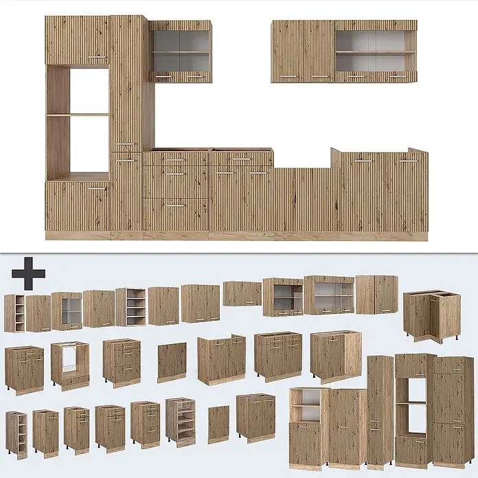 Vicco Küchenzeile R-Line Artisan-Eiche/Goldkraft Eiche mit Hochschrank, AP Anthrazit - Breite: 350 cm, Artisan-Eiche, Ohne Elektrogeräte - Modulare Küchenmöbel in heller Holzoptik mit strukturierten vertikalen Lamellen, verschiedene Konfigurationen.