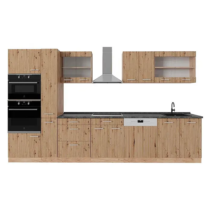 Vicco Küchenzeile R-Line Artisan-Eiche/Goldkraft Eiche mit Hochschrank, AP Anthrazit - Breite: 350 cm, Artisan-Eiche, Ohne Elektrogeräte - Moderne Küchenzeile mit hellen Holzlamellenfronten, dunklen Arbeitsplatten, schwarzen Einbaubacköfen, silbernem Geschirrspüler und Dunstabzugshaube.