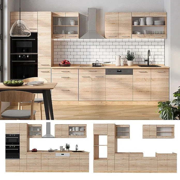 Vicco Küchenzeile R-Line Sonoma/Goldkraft Eiche ohne Arbeitsplatte - Sonoma, Ohne Elektrogeräte - Moderne Küchenzeile mit hellen Holz-Optik-Schränken, integriertem Backofen, Geschirrspüler, Spüle und Arbeitsplatte.