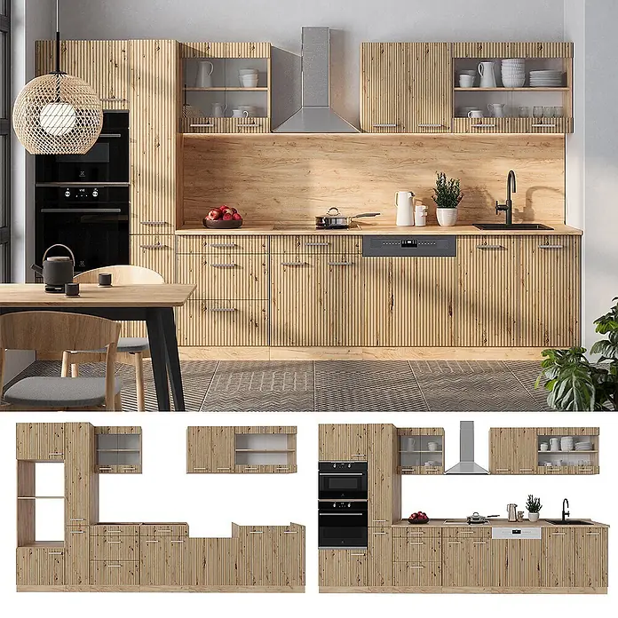 Vicco Küchenzeile R-Line Artisan-Eiche/Goldkraft Eiche mit Hochschrank, AP Anthrazit - Breite: 350 cm, Artisan-Eiche, Ohne Elektrogeräte - Moderne Holzküche mit vertikal geriffelten Schränken, integriertem Backofen, Geschirrspüler und Spüle. Komplett in Küchenumgebung.