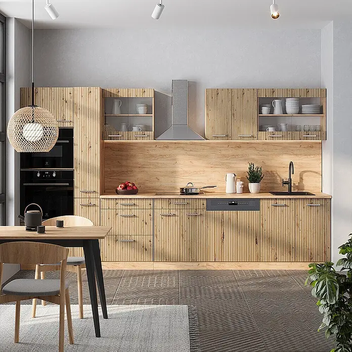 Vicco Küchenzeile R-Line Artisan-Eiche/Goldkraft Eiche mit Hochschrank, AP Anthrazit - Breite: 350 cm, Artisan-Eiche, Ohne Elektrogeräte - Moderne Küche mit Lamellenschränken aus Naturholz, integrierten Geräten und heller Holz-Arbeitsplatte.