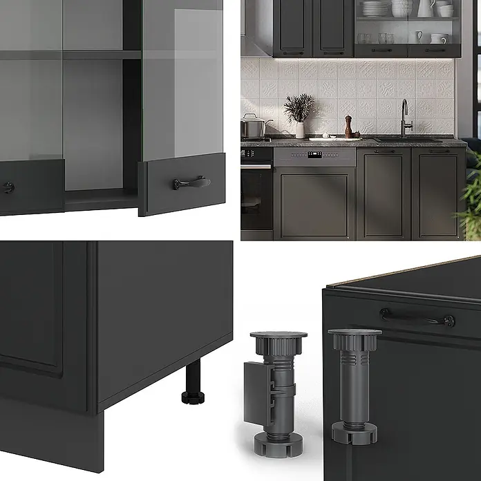 Vicco Küchenzeile R-Line Anthrazit Landhaus/Anthrazit, AP Eiche - Breite: 300 cm, Anthrazit Landhaus, Ohne Elektrogeräte - Dunkelgraue Küchenschränke mit Glastüren, Schubladen und verstellbaren Füßen.