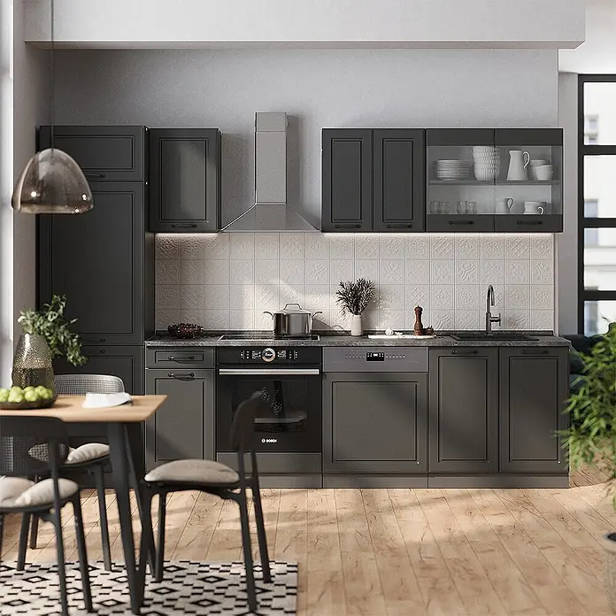 Vicco Küchenzeile R-Line Anthrazit Landhaus/Anthrazit, AP Eiche - Breite: 300 cm, Anthrazit Landhaus, Ohne Elektrogeräte - Moderne dunkelgraue Küchenzeile mit integriertem Backofen und Geschirrspüler in einer modernen Küche.