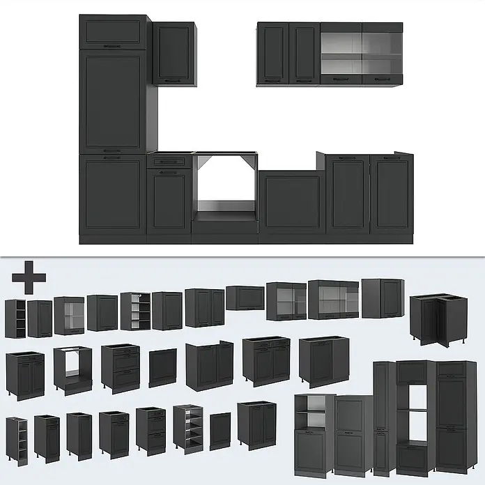 Vicco Küchenzeile R-Line Anthrazit Landhaus/Anthrazit, AP Eiche - Breite: 300 cm, Anthrazit Landhaus, Ohne Elektrogeräte - Dunkelgraues modulares Küchenschrank-Set mit verschiedenen Unter-, Wand- und Vorratsschränken.