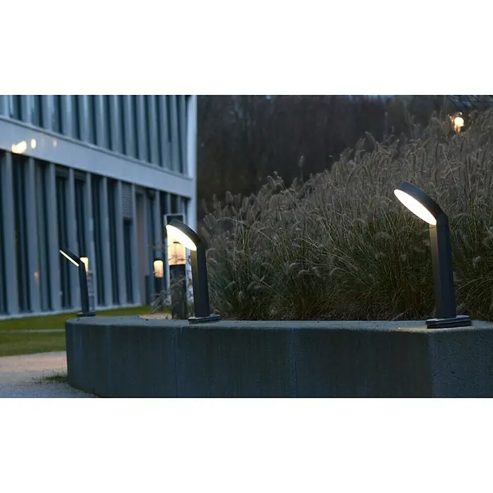 Lutec Sobremuro exterior Meridian - Color del marco: Gris oscuro, Blanco cálido, 21,3 x 18 x 58 cm - Una fila de luces exteriores modernas ilumina un camino de jardín, proporcionando orientación y seguridad con estilo en la oscuridad.